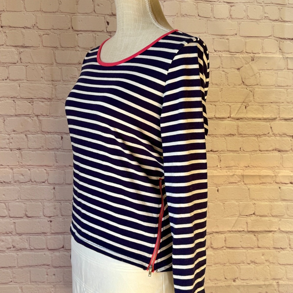 ANTHROPOLOGIE Lili's Closet Long sleeve Shirt Stripe Navy White Pink Piping 4 S - Picture 5 of 12